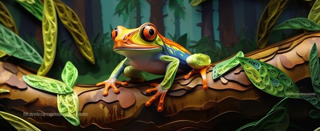 There is a frog that is sitting on a branch in the jungle generative ai