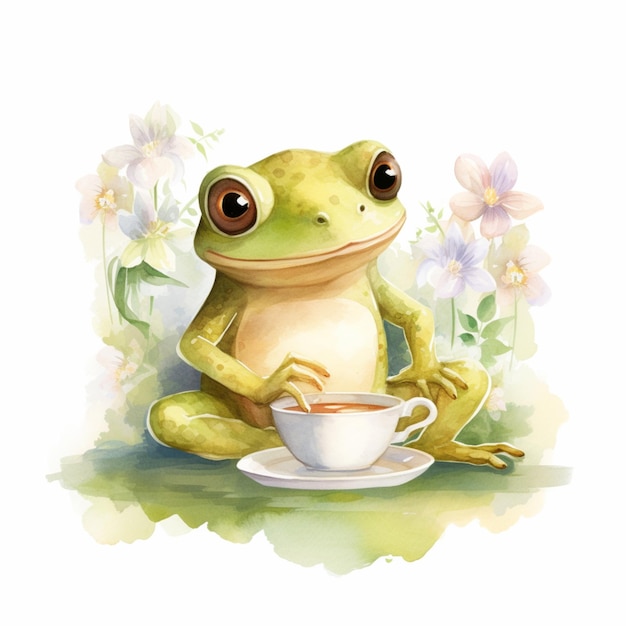 Photo there is a frog that is sitting on a cup of coffee generative ai