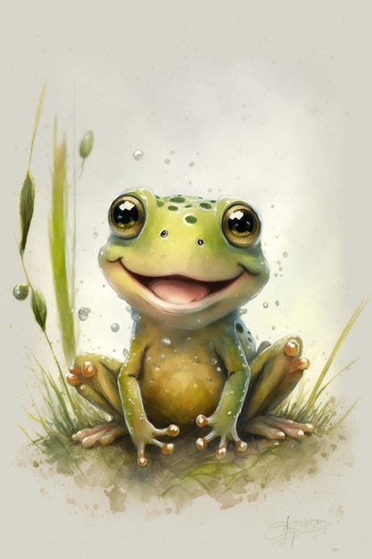 There is a frog that is sitting on the grass with a smile generative ai