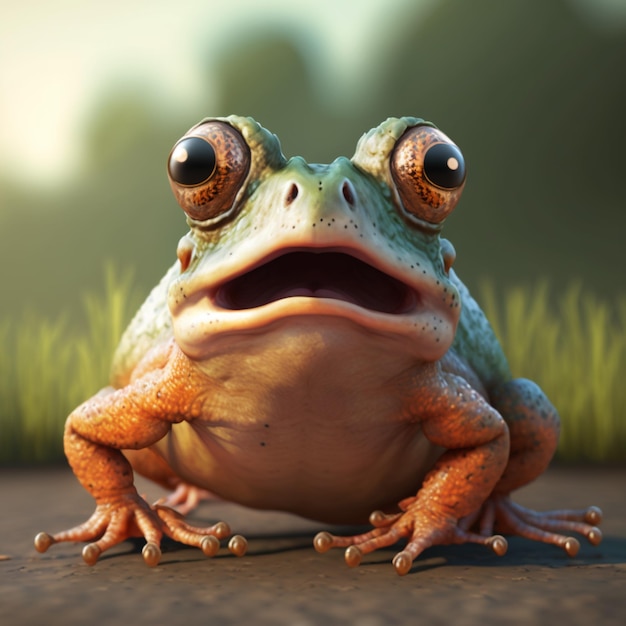 Photo there is a frog that is sitting on the ground with its mouth open generative ai