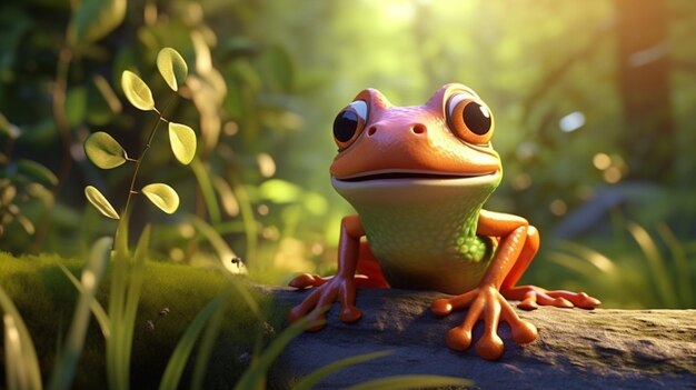 Photo there is a frog that is sitting on a rock in the grass generative ai