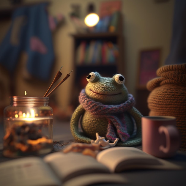 There is a frog that is sitting on a table with a book generative ai