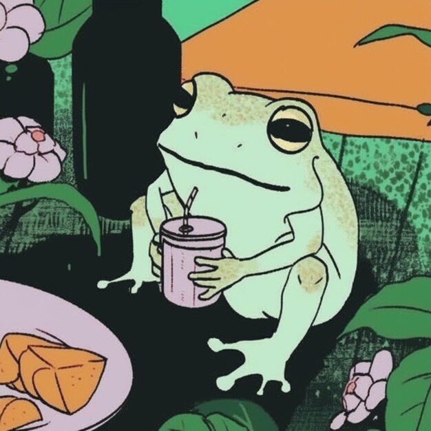 Photo there is a frog that is sitting on a table with a drink generative ai