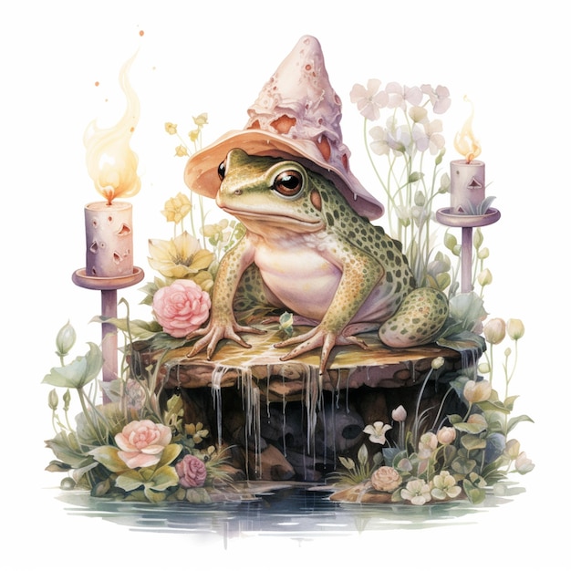 there is a frog wearing a hat sitting on a stump generative ai