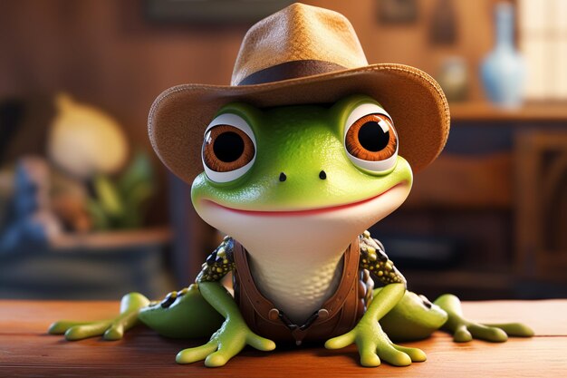 Photo there is a frog wearing a hat and sitting on a table generative ai