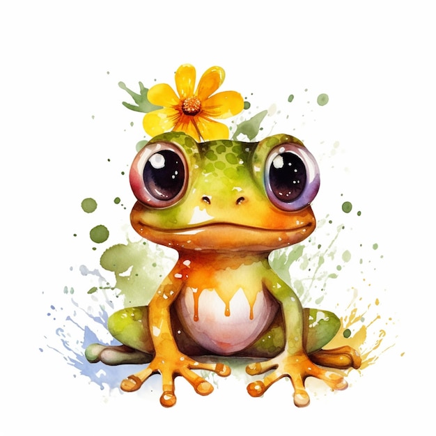 There is a frog with big eyes and a flower on its head generative ai