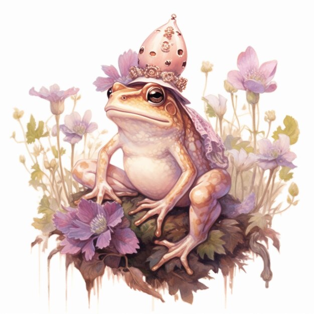 there is a frog with a crown on its head sitting on a flower generative ai