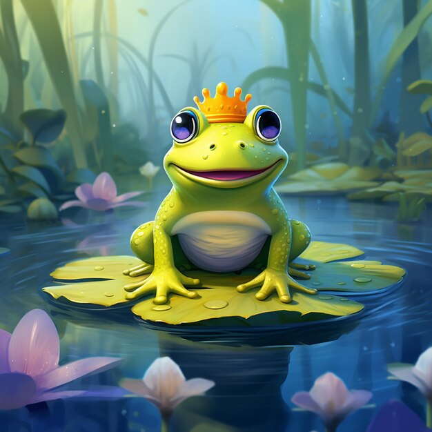 Photo there is a frog with a crown sitting on a leaf in the water generative ai