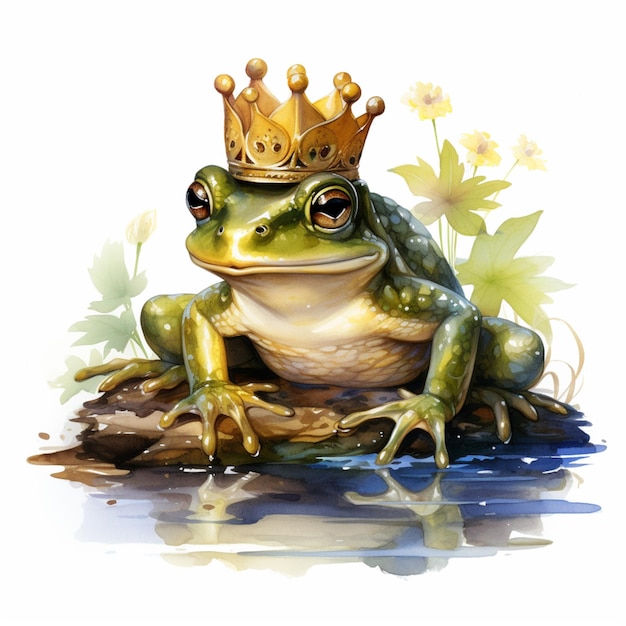 there is a frog with a crown sitting on a rock generative ai