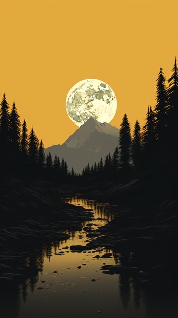 There is a full moon rising over a mountain with a river generative ai