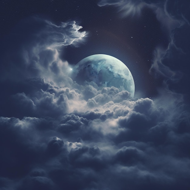 there is a full moon in the sky with clouds and a bird generative ai