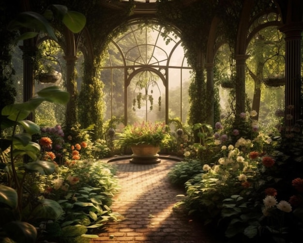 there is a garden with a brick walkway and a glass door generative ai