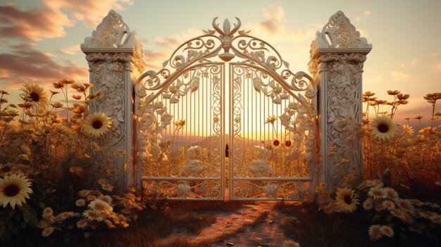 there is a gate that is open in a field of flowers generative ai