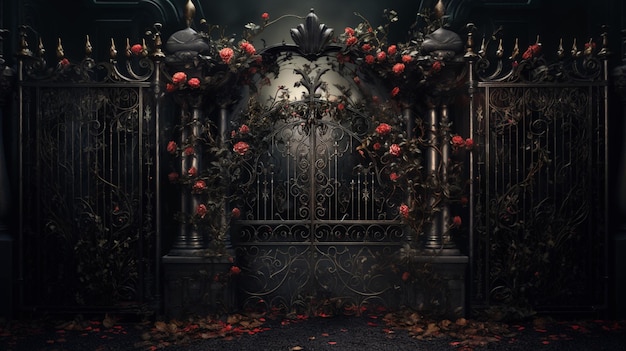 there is a gate with roses and vines on it generative ai