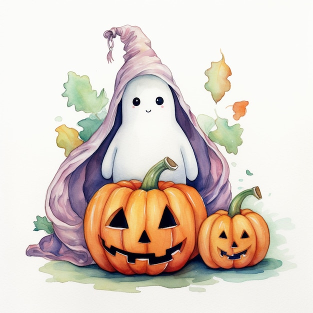 There is a ghost sitting next to two pumpkins on the ground generative ai