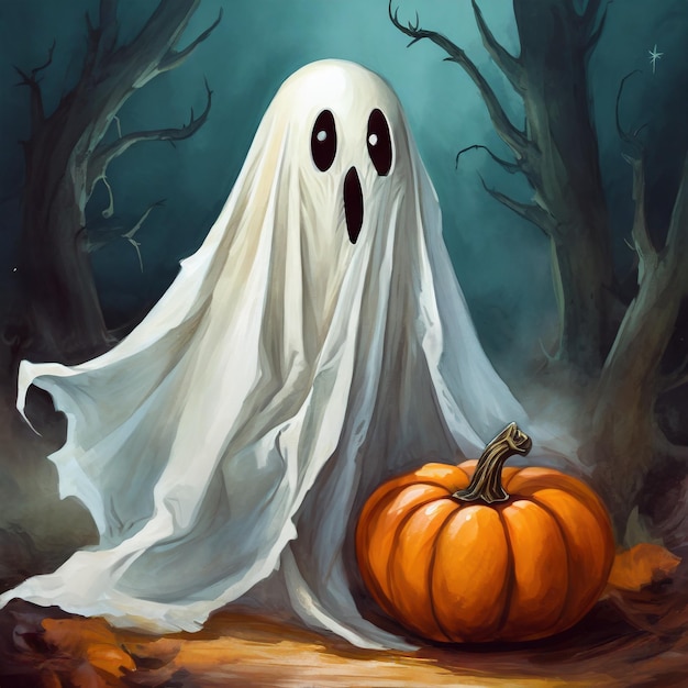 There is a ghost standing with pumpkins