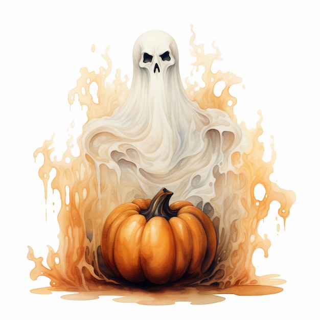 there is a ghost with a pumpkin in the middle of a fire generative ai