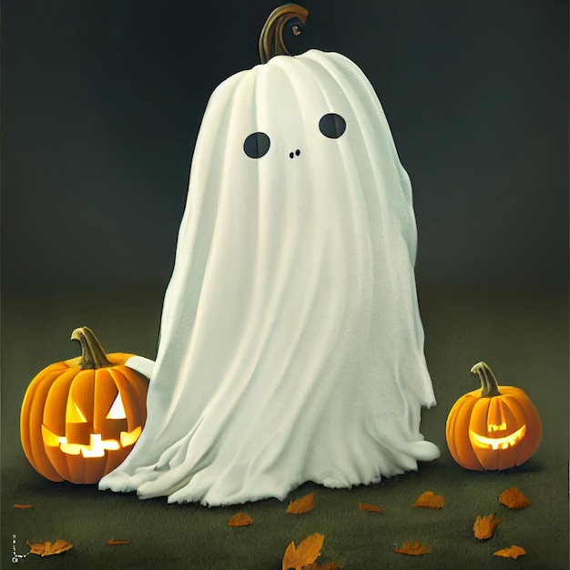 There is a ghost with two pumpkins and a ghost face generative ai