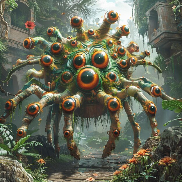 there is a giant spider with many eyes in the jungle generative ai