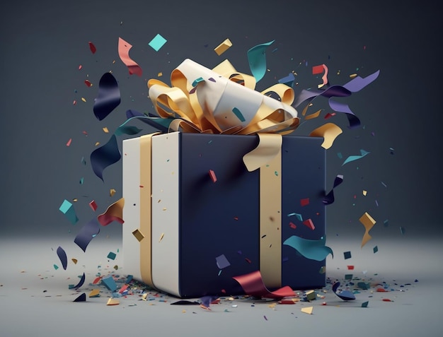 There is a gift box with a ribbon and confetti on it generative ai