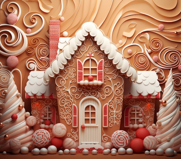 there is a ginger house made of paper and decorations on display generative ai