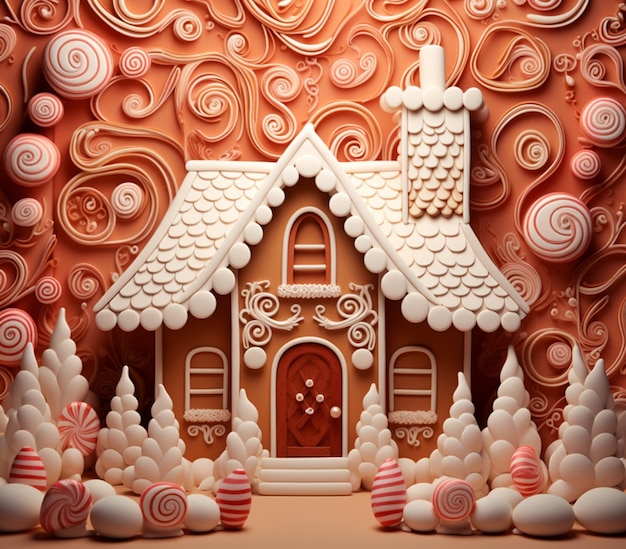 there is a ginger house with a red door and a lot of candy generative ai