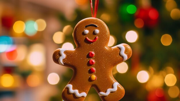 there is a gingerbread ornament hanging from a christmas tree generative ai