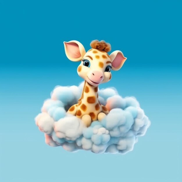 There is a giraffe sitting on a cloud with a blue sky in the background generative ai