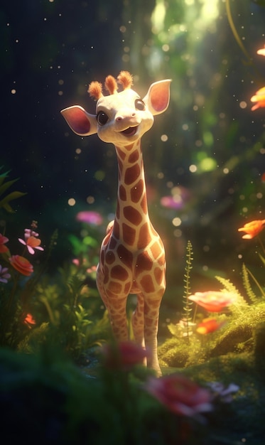 There is a giraffe standing in a field of flowers generative ai