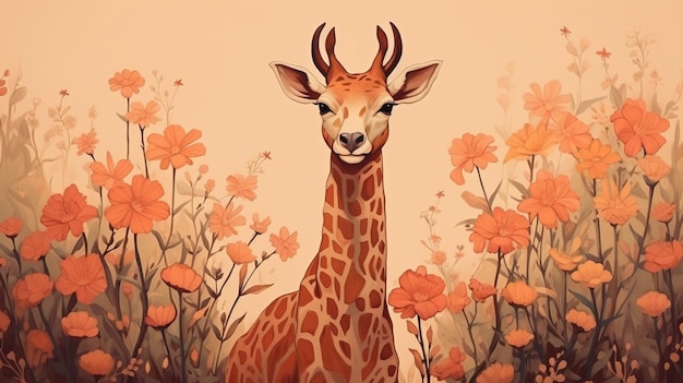 there is a giraffe standing in a field of flowers generative ai