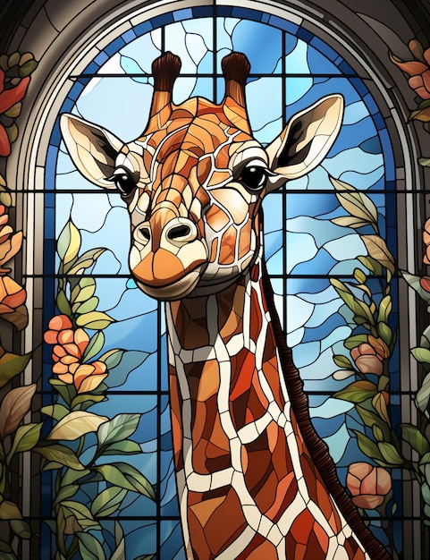 There is a giraffe standing in front of a stained glass window generative ai
