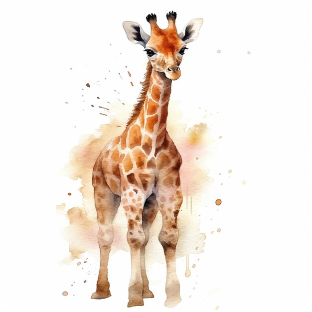 There is a giraffe standing in front of a white background generative ai