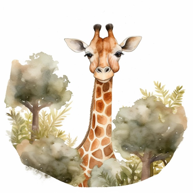 There is a giraffe standing in the middle of a forest generative ai