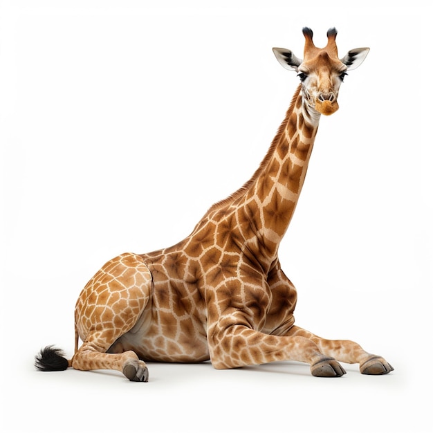 Photo there is a giraffe that is laying down on the ground generative ai