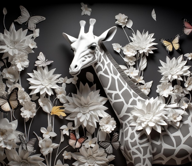 there is a giraffe that is standing in a field of flowers generative ai