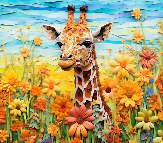 There is a giraffe that is standing in a field of flowers generative ai