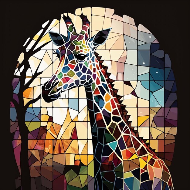 There is a giraffe that is standing in front of a stained glass window generative ai