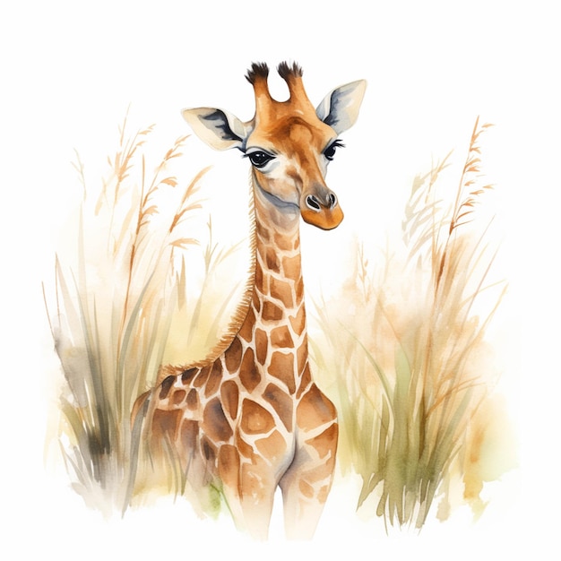 There is a giraffe that is standing in the grass generative ai