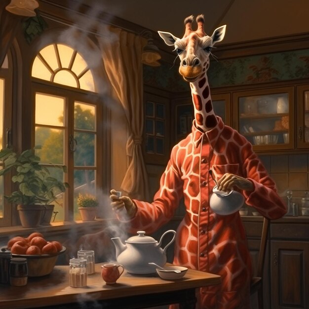 Foto c'è una giraffa che è in piedi in una cucina con una teiera generativa ai