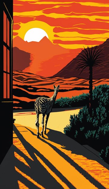 There is a giraffe walking down a road in the sunset generative ai