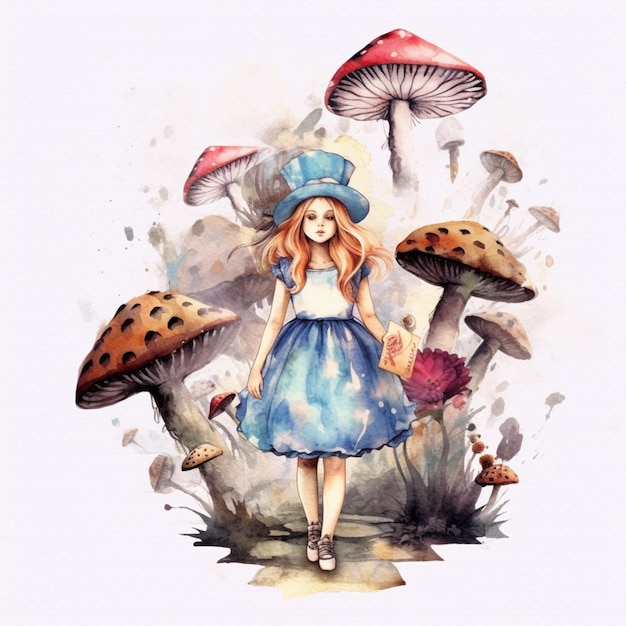 There is a girl in a blue dress and hat standing in front of a mushroom generative ai