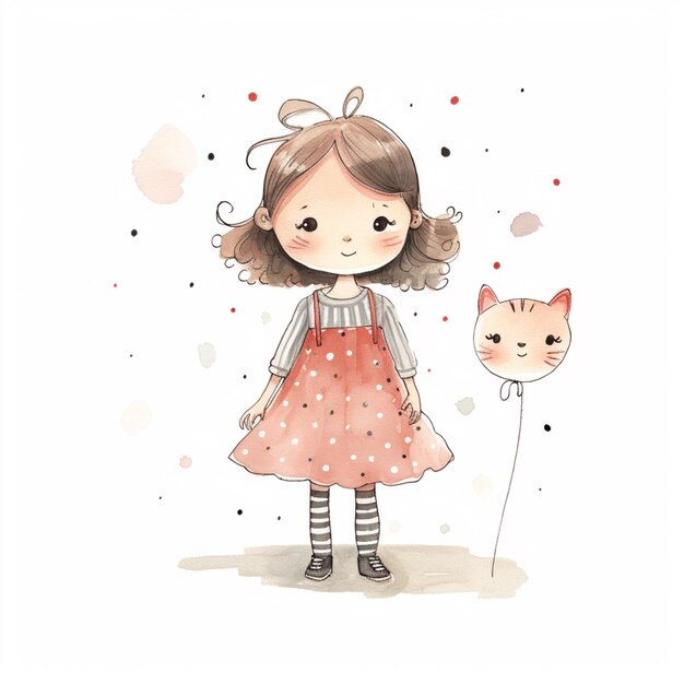 드레스를 입은 소녀와 풍선에 있는 고양이가 있습니다.