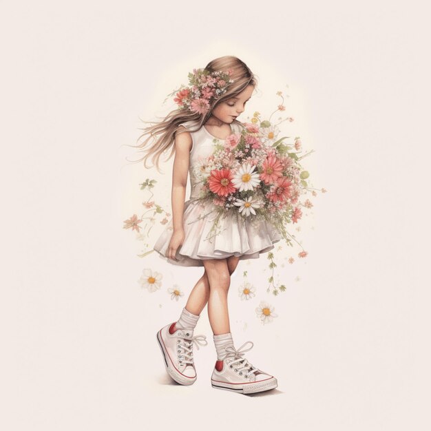 Photo there is a girl in a dress and sneakers holding a bouquet of flowers generative ai