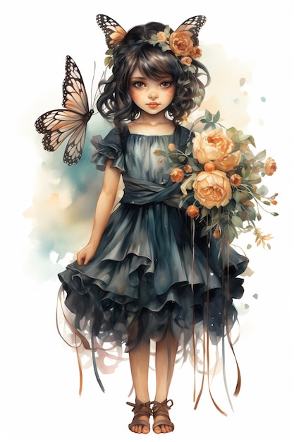 there is a girl in a dress with a butterfly on her head generative ai