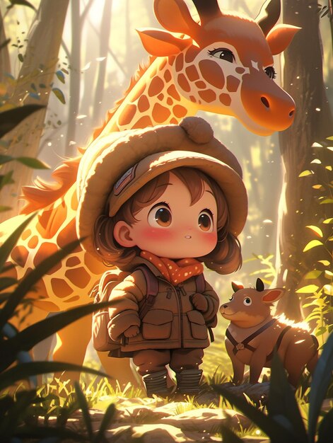 There is a girl and a giraffe in the woods generative ai