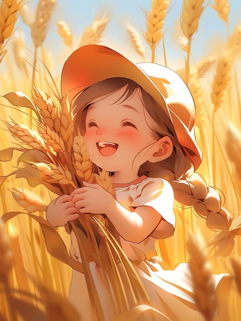 there is a girl in a hat holding a bunch of wheat generative ai