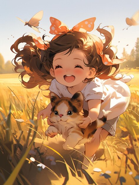 there is a girl holding a cat in a field of grass generative ai