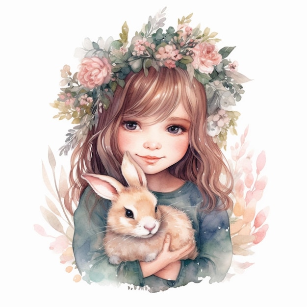 There is a girl holding a rabbit and wearing a wreath of flowers generative ai