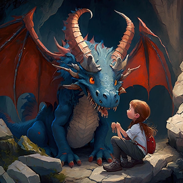 There is a girl kneeling next to a dragon in a cave generative ai