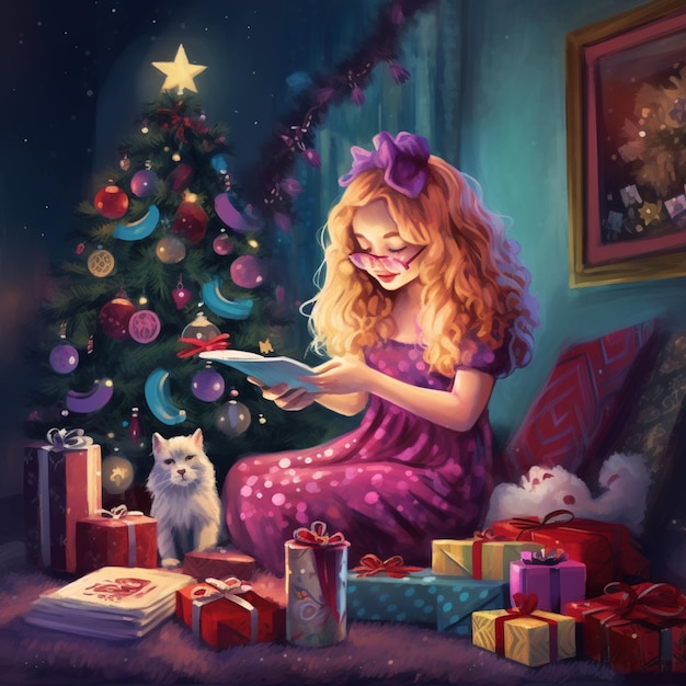 there is a girl reading a book in front of a christmas tree generative ai